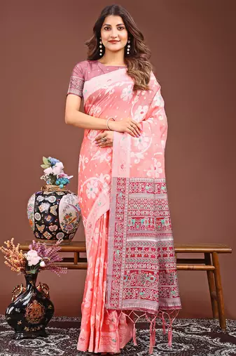 Peach color linen cotton saree with blouse