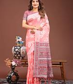 Peach color linen cotton saree with blouse
