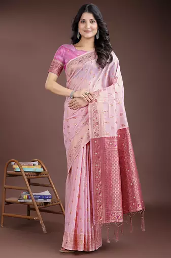 Pink color linen cotton woven saree with blouse