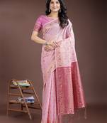 Pink color linen cotton woven saree with blouse