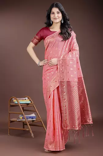 Peach color linen cotton woven saree with blouse