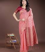 Peach color linen cotton woven saree with blouse