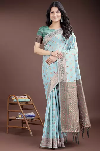 Sea green color linen cotton woven saree with blouse