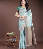 Sea green color linen cotton woven saree with blouse