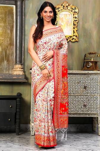 Multicolor linen cotton flower woven work saree