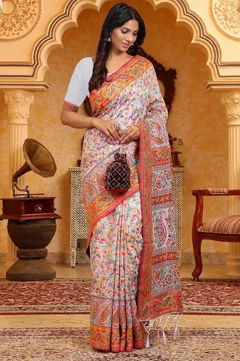 Multicolor linen cotton flower woven work saree