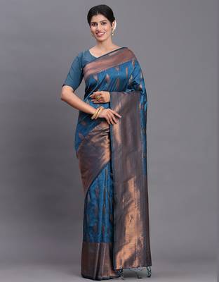 blue art silk blend zari woven work saree  1