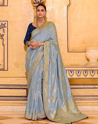 slate grey premium crepe silk blend saree with rich zari weaving | elegant party & festive wear 1