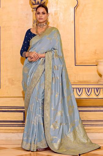 slate grey premium crepe silk blend saree with rich zari weaving | elegant party & festive wear