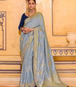 slate grey premium crepe silk blend saree with rich zari weaving | elegant party & festive wear