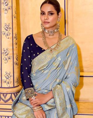 slate grey premium crepe silk blend saree with rich zari weaving | elegant party & festive wear 2