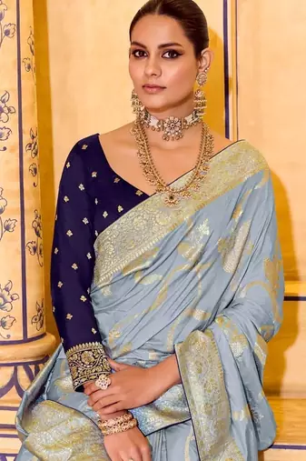 slate grey premium crepe silk blend saree with rich zari weaving | elegant party & festive wear