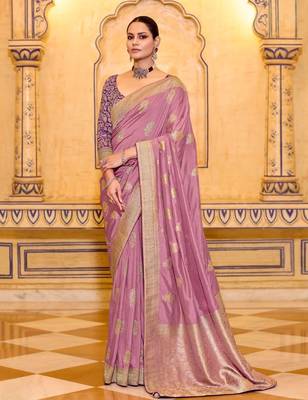 onion pink premium crepe silk blend saree with rich zari weaving | elegant party & festive wear 1