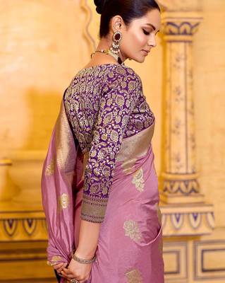 onion pink premium crepe silk blend saree with rich zari weaving | elegant party & festive wear 2