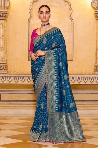 teal color premium crepe silk blend saree with rich zari weaving | elegant party & festive wear
