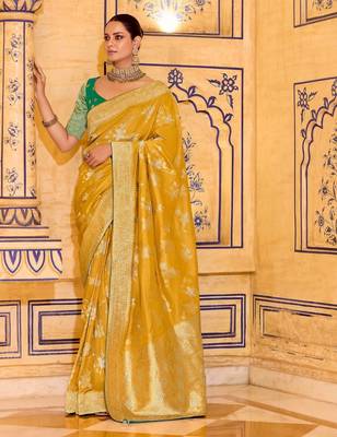 mustard yellow color premium crepe silk blend saree with rich zari weaving | elegant party & festive wear 1