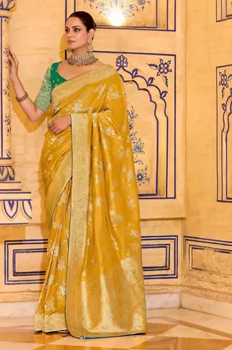 mustard yellow color premium crepe silk blend saree with rich zari weaving | elegant party & festive wear