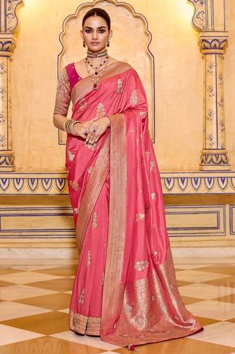pink color premium crepe silk blend saree with rich zari weaving | elegant party & festive wear