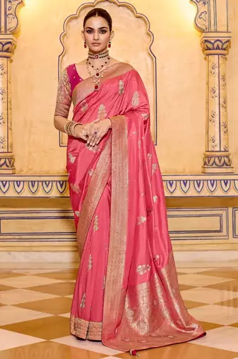 pink color premium crepe silk blend saree with rich zari weaving | elegant party & festive wear
