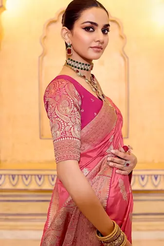 pink color premium crepe silk blend saree with rich zari weaving | elegant party & festive wear