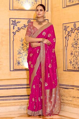 pink color premium crepe silk blend saree with rich zari weaving | elegant party & festive wear
