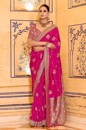 pink color premium crepe silk blend saree with rich zari weaving | elegant party & festive wear