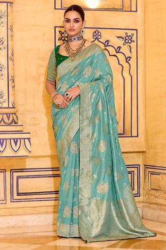 sky blue premium crepe silk blend saree with rich zari weaving | elegant party & festive wear
