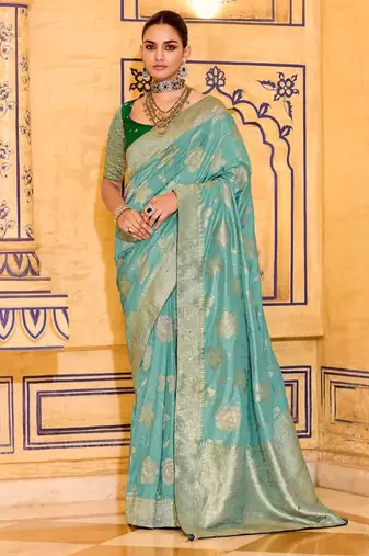 sky blue premium crepe silk blend saree with rich zari weaving | elegant party & festive wear