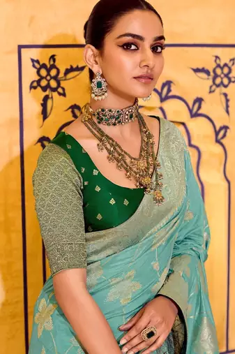 sky blue premium crepe silk blend saree with rich zari weaving | elegant party & festive wear