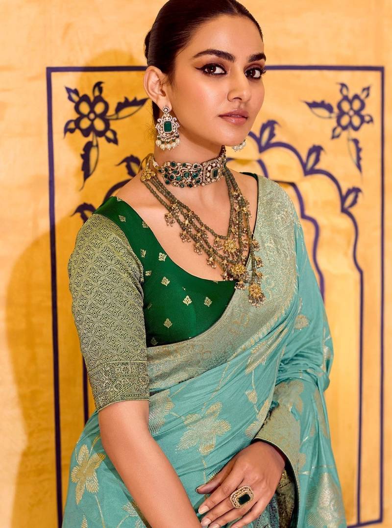 sky blue premium crepe silk blend saree with rich zari weaving | elegant party & festive wear