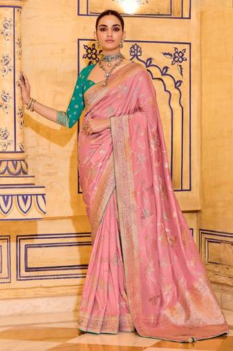 light pink premium crepe silk blend saree with rich zari weaving | elegant party & festive wear
