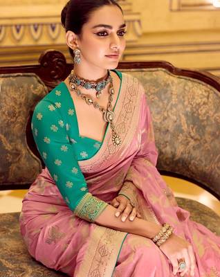 light pink premium crepe silk blend saree with rich zari weaving | elegant party & festive wear 2