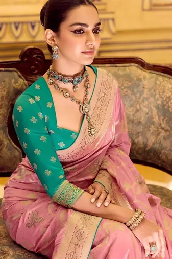 light pink premium crepe silk blend saree with rich zari weaving | elegant party & festive wear