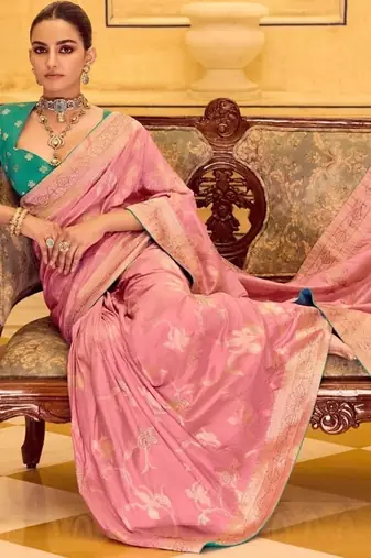light pink premium crepe silk blend saree with rich zari weaving | elegant party & festive wear