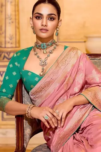 light pink premium crepe silk blend saree with rich zari weaving | elegant party & festive wear