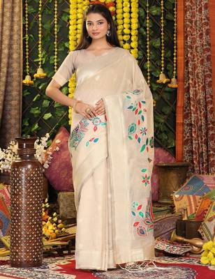 Cream linen cotton woven saree 1