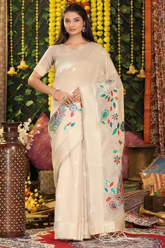 Cream color linen cotton woven saree