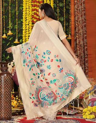 Cream linen cotton woven saree 3