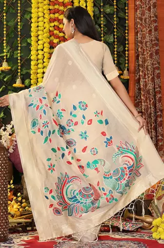Cream linen cotton woven saree