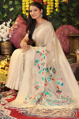 Cream linen cotton woven saree