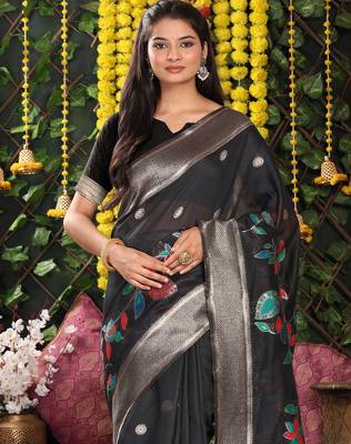 Black color linen cotton woven saree 3