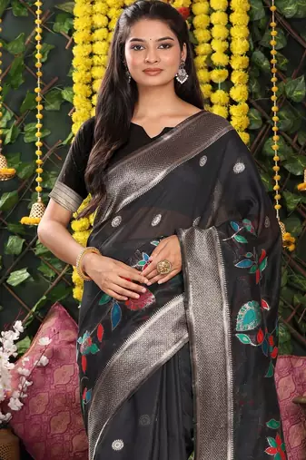 Black color linen cotton woven saree
