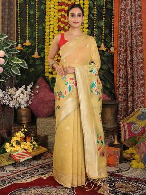 Yellow color linen cotton woven saree 1