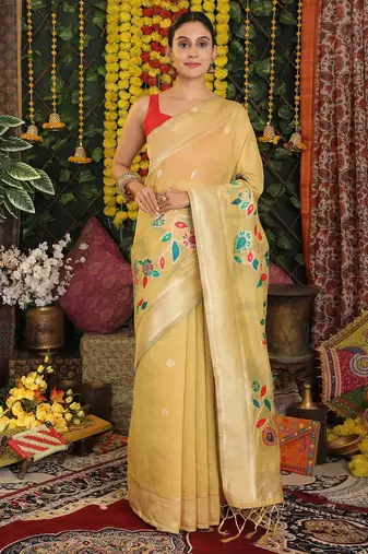 Yellow color linen cotton woven saree