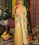 Yellow color linen cotton woven saree