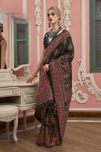 Black color majestic kashmiri design banarasi silk saree with meenakari weaving | premium festival & party wear