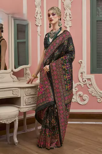 Black color majestic kashmiri design banarasi silk saree with meenakari weaving | premium festival & party wear