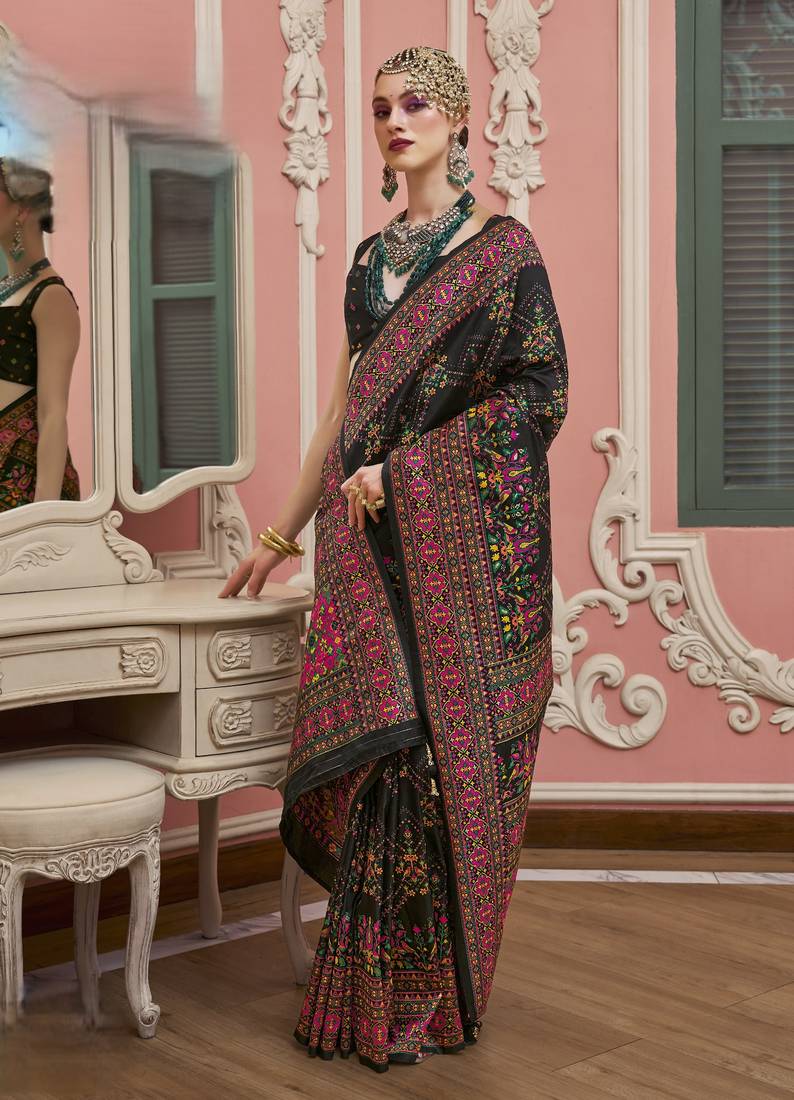 Black color majestic kashmiri design banarasi silk saree with meenakari weaving | premium festival & party wear