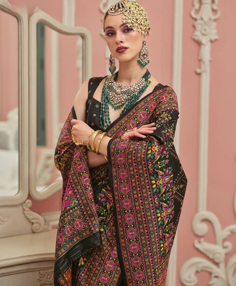 Black color majestic kashmiri design banarasi silk saree with meenakari weaving | premium festival & party wear