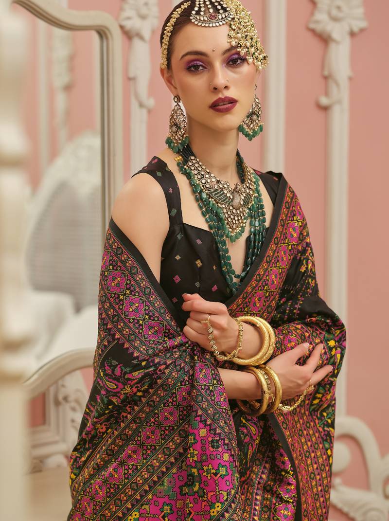 Black color majestic kashmiri design banarasi silk saree with meenakari weaving | premium festival & party wear